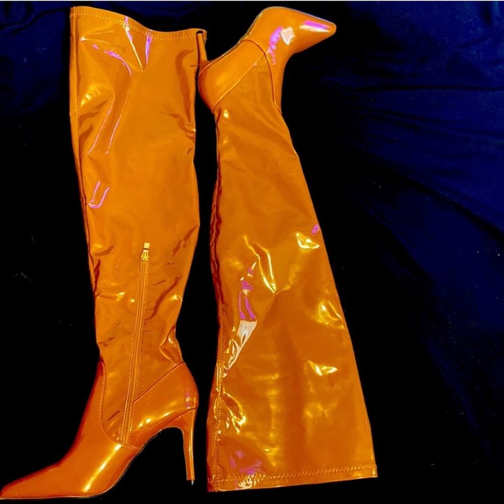 Carmel latex thigh high stiletto boots